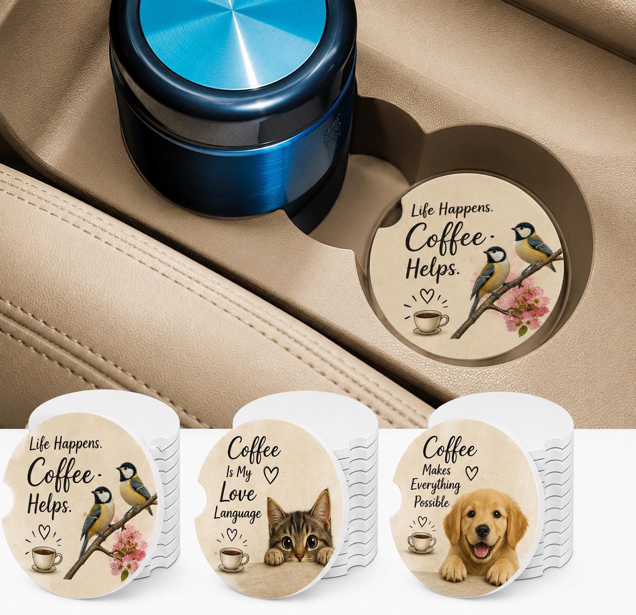 Custom Photo Pet Logo Car Coasters | Personalized Cup Holder Set