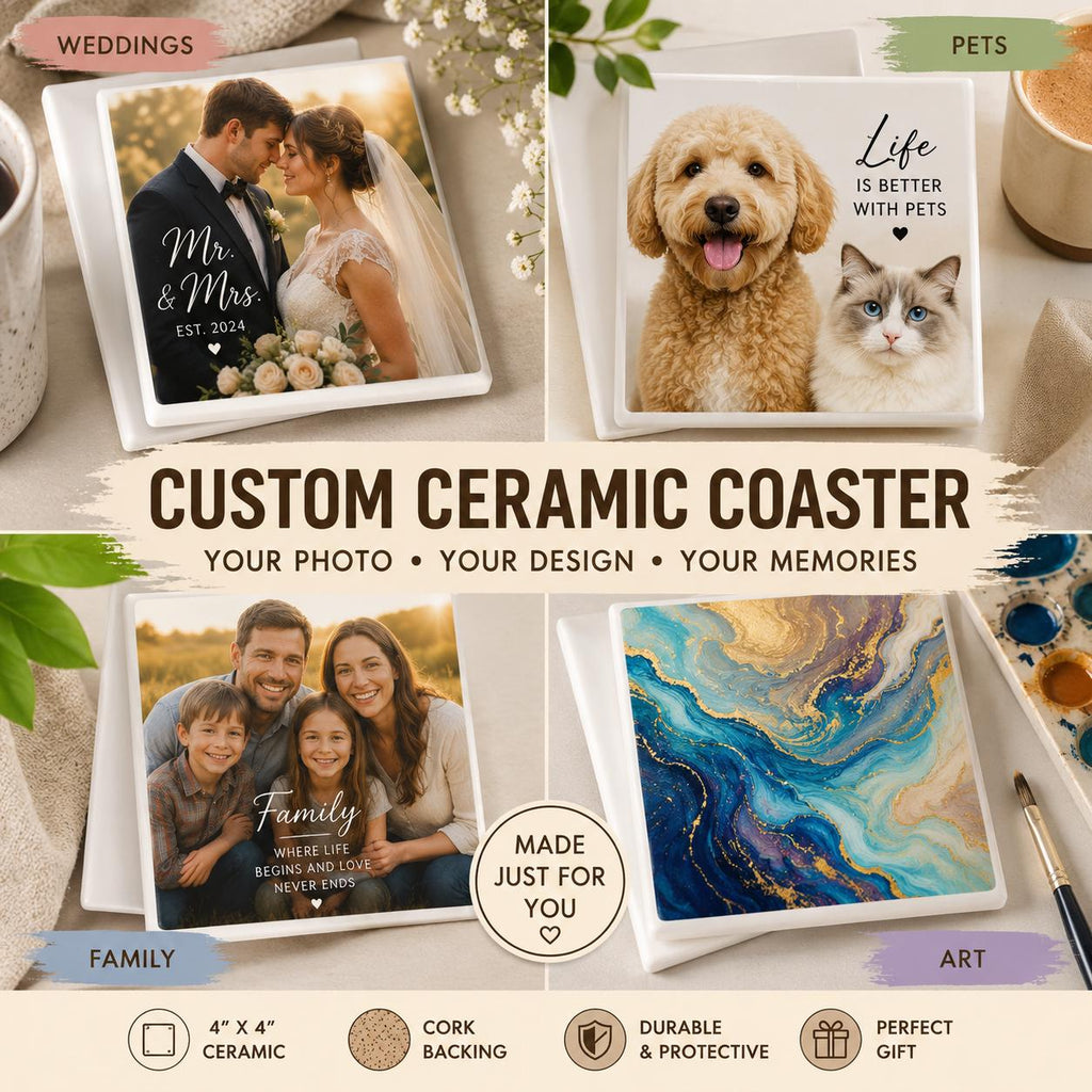 Custom Ceramic Photo Coaster | Personalized Pet, Family, Art, Wedding (Cork Backed)