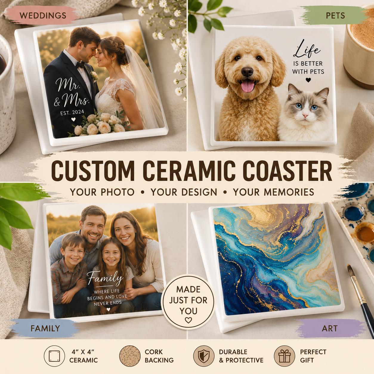 Custom Ceramic Photo Coaster | Personalized Pet, Family, Art, Wedding (Cork Backed)