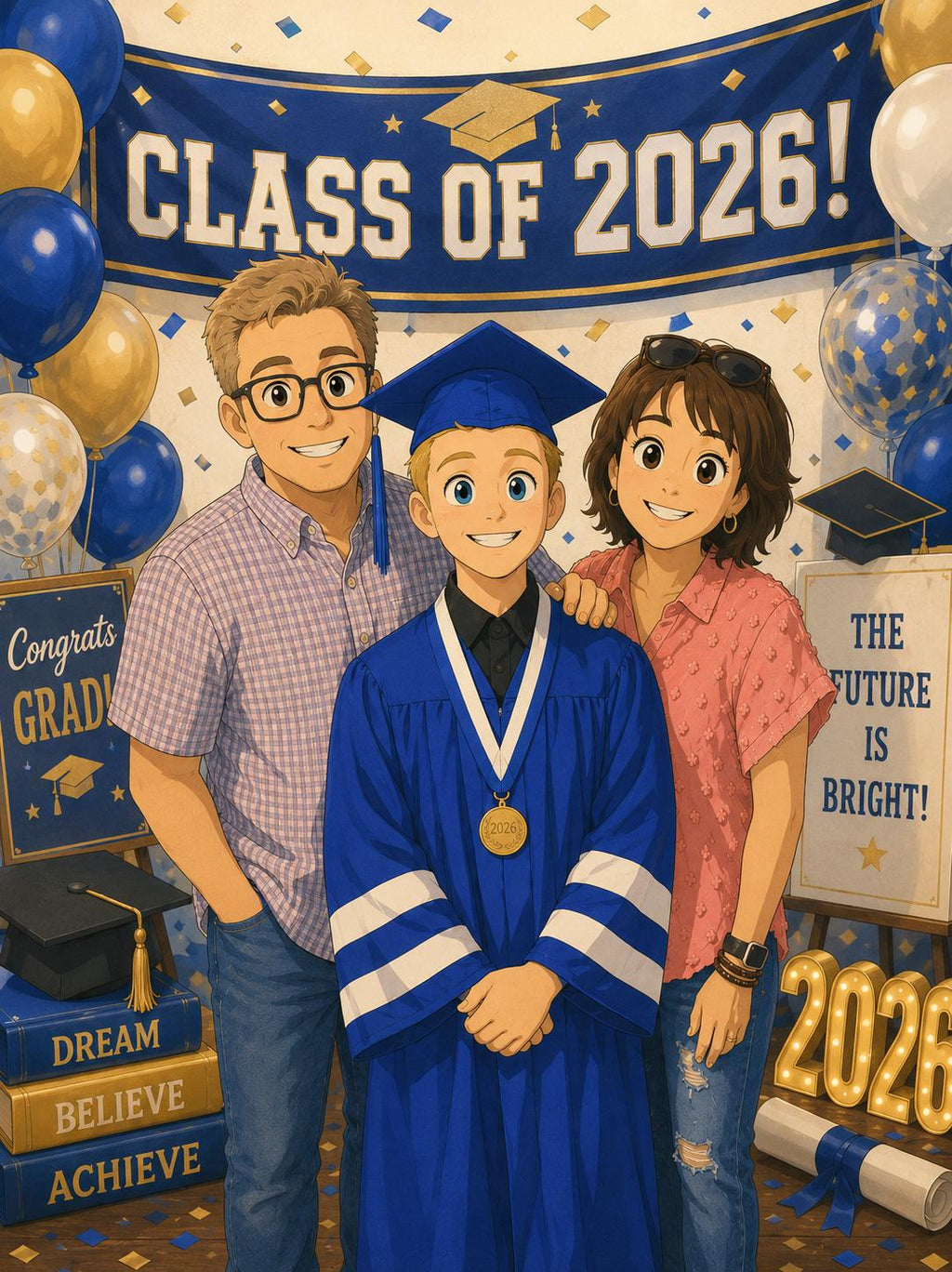 Graduation Edition: Custom Anime Family Portrait | Cel Shaded Manga Style Canvas Print