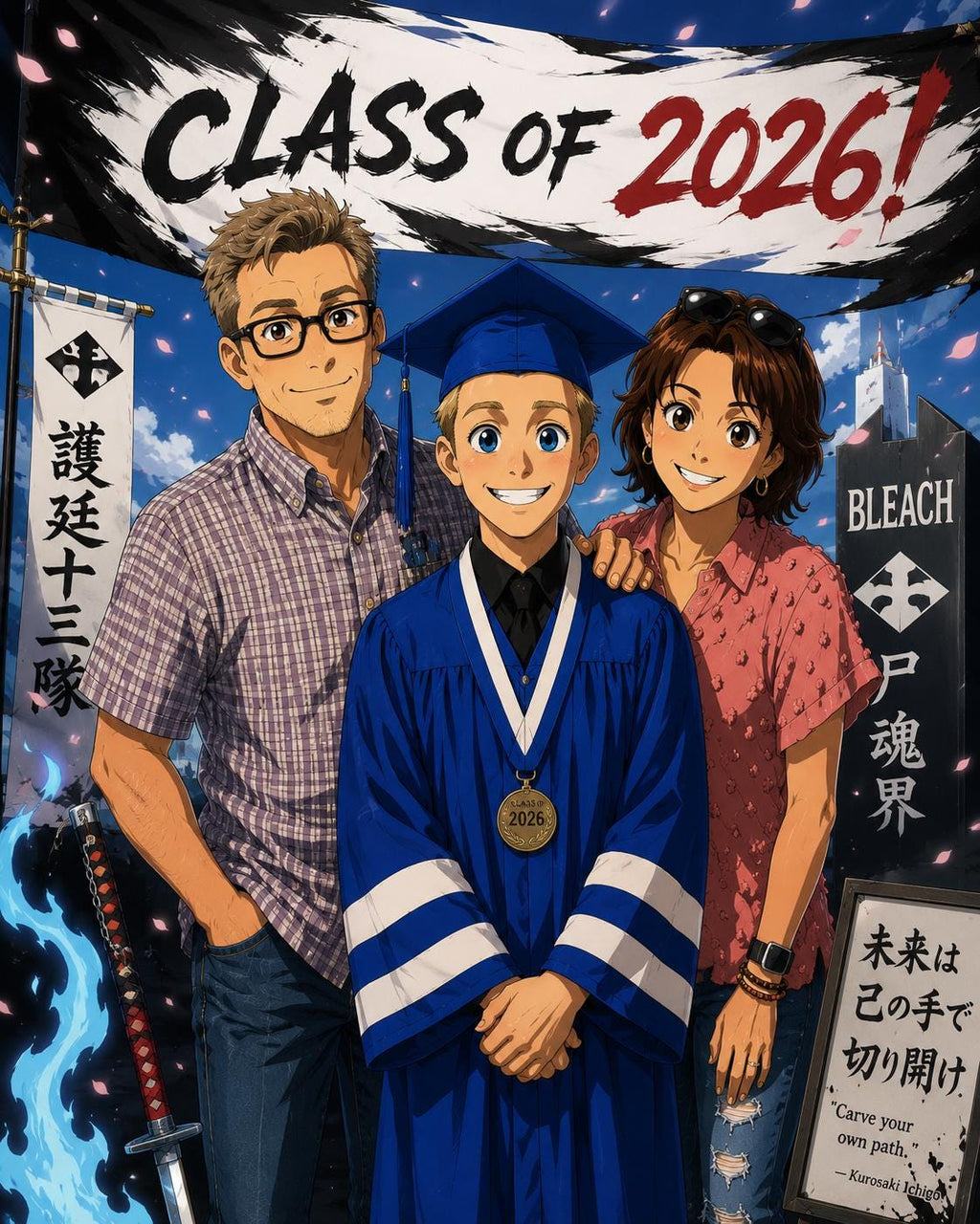 Graduation Edition: Custom Anime Family Portrait | Cel Shaded Manga Style Canvas Print