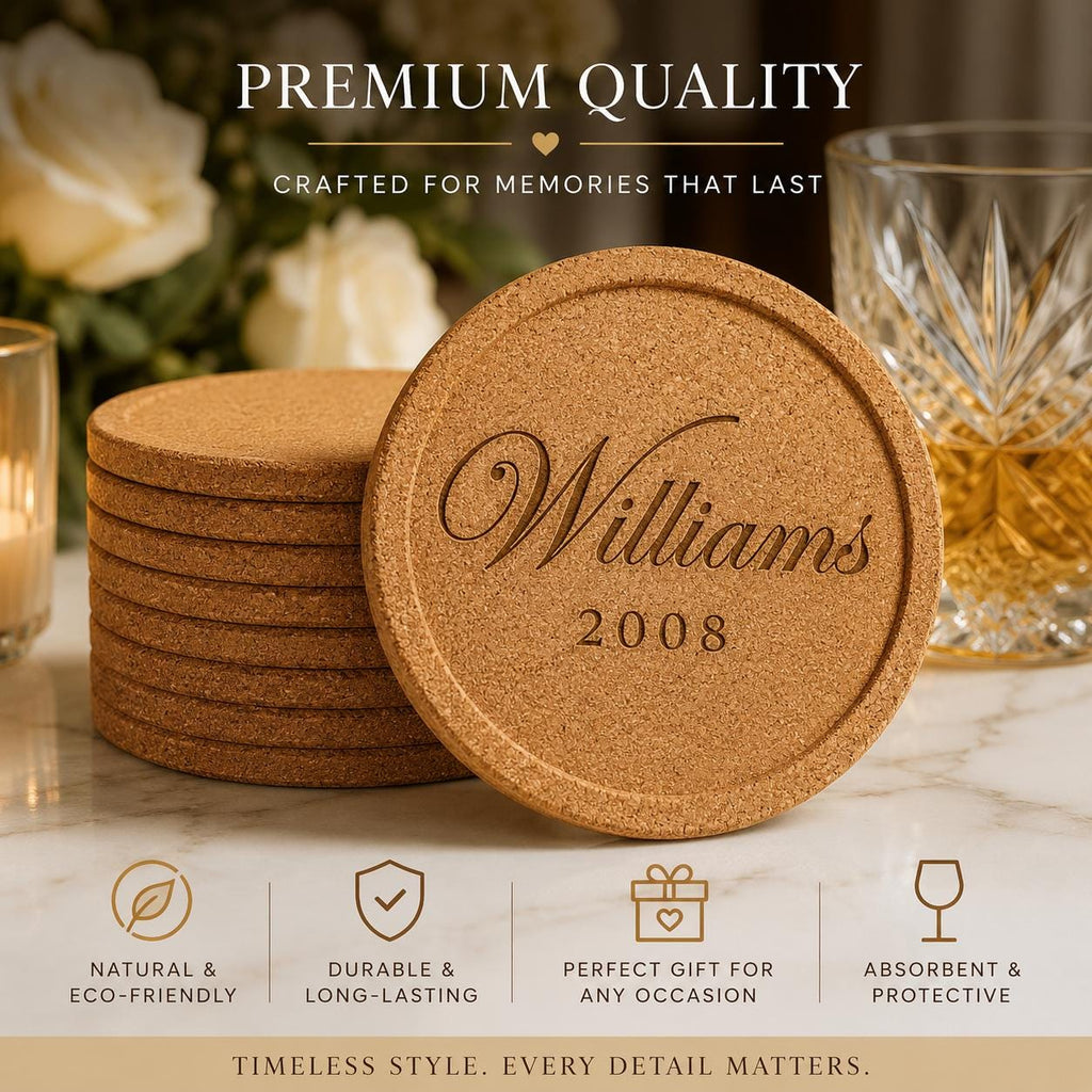 Custom Engraved Cork Coasters | Personalized Lipped Edge Set | Housewarming Wedding Gift | Laser Engraved