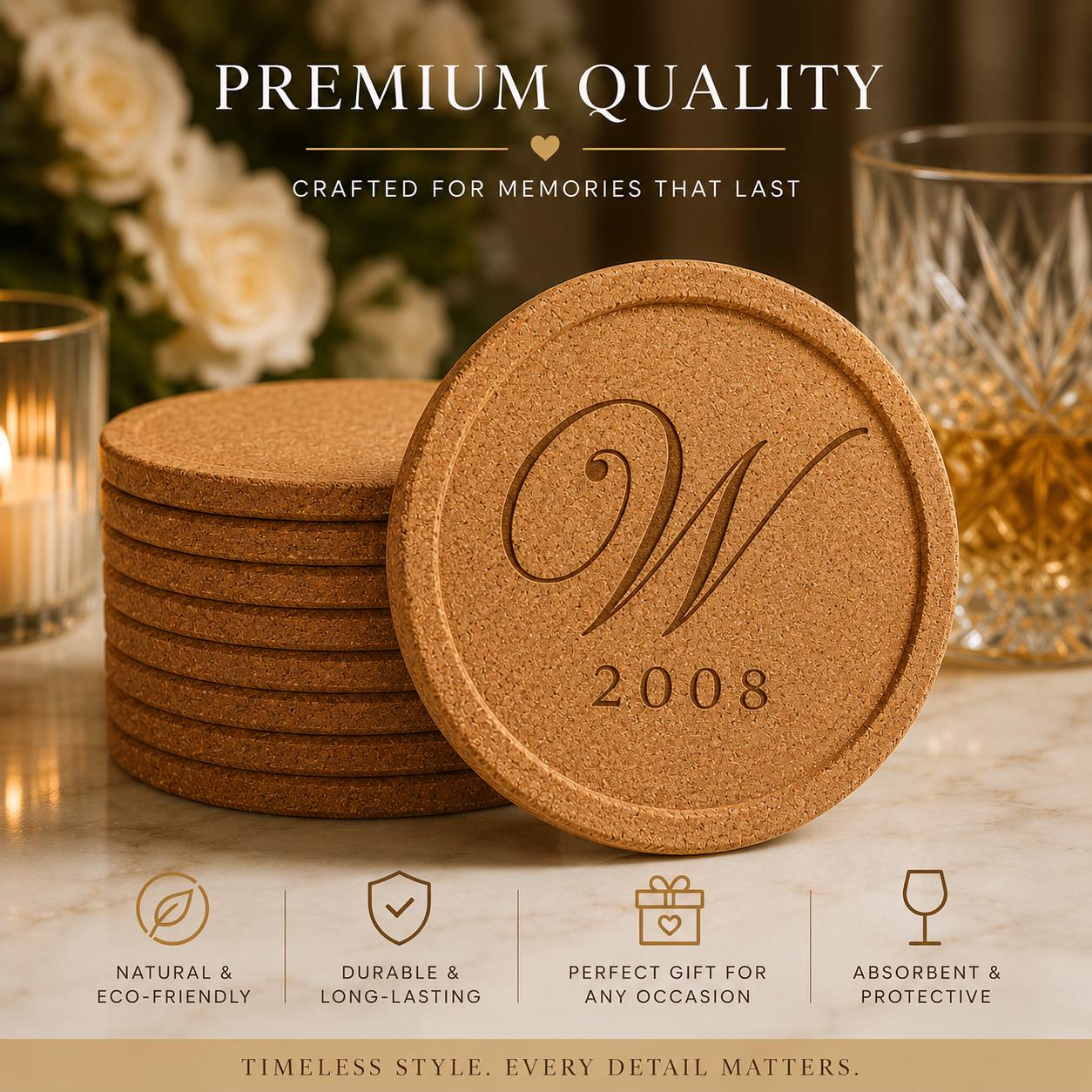 Monogram Engraved Cork Coasters | Personalized Lipped Edge Set | Housewarming Wedding Gift | Laser Engraved