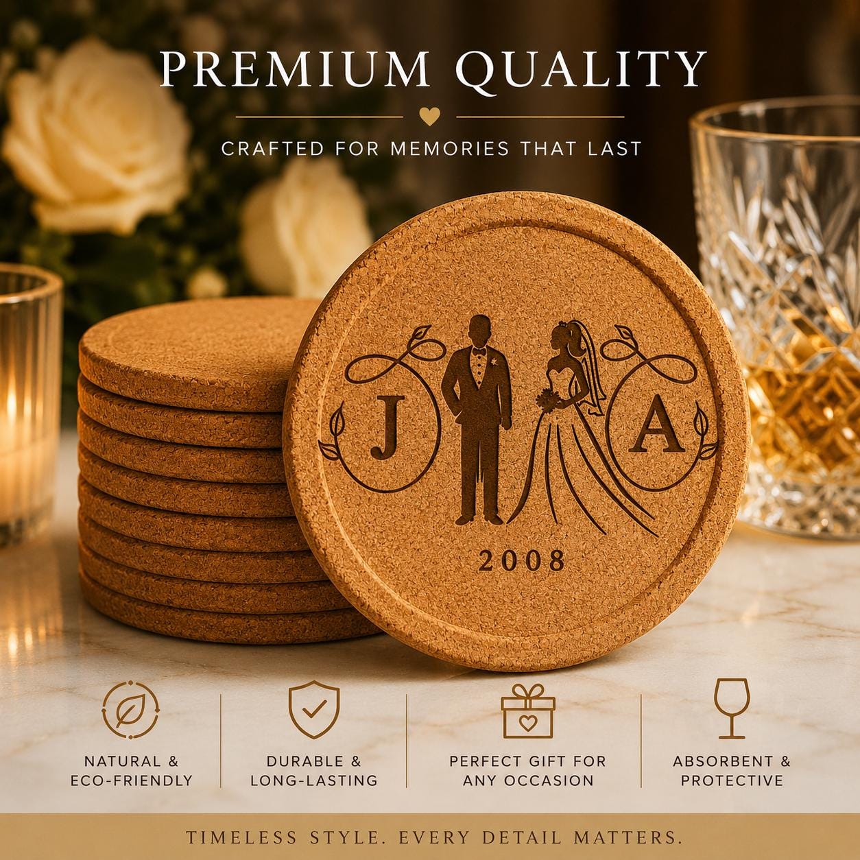 Monogram Engraved Cork Coasters | Personalized Lipped Edge Set | Housewarming Wedding Gift | Laser Engraved