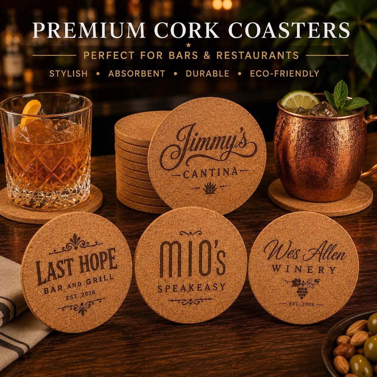 Bulk Cork Coasters Engraved | Custom Logo Business Wedding Realtor | Corporate Gifts | Sets of 10 to 200